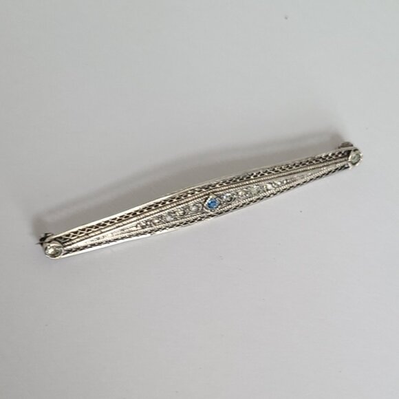 Vintage Slim Sterling Silver Pointer Blue White Crystal Bar Brooch - Picture 2 of 11